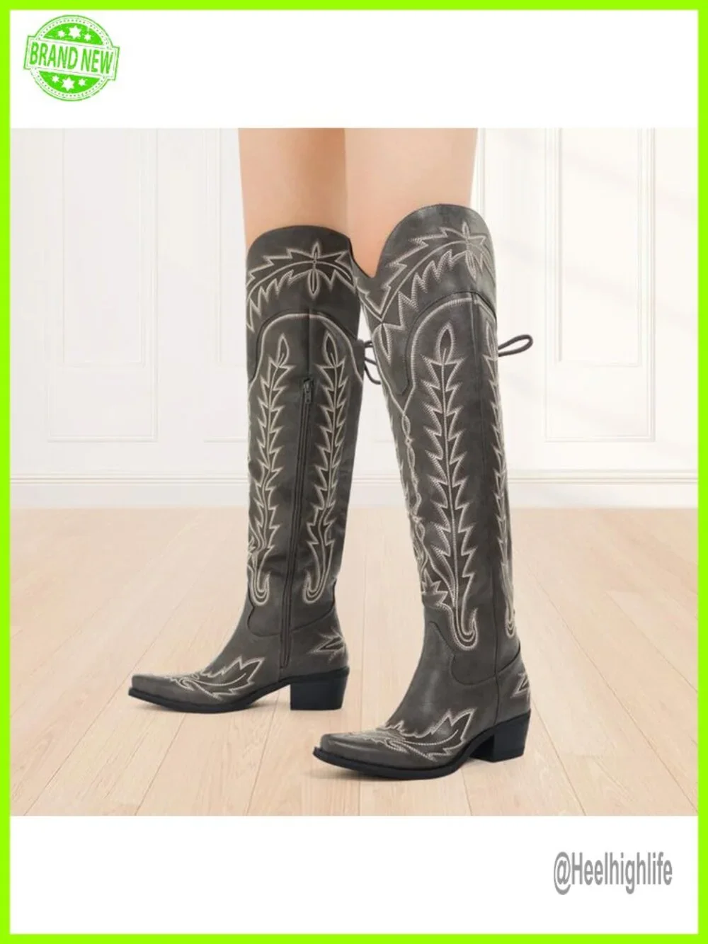 Thigh High Cowgirl Boots Wide Calf Western Embroidered Over The Knee Chunky Heel